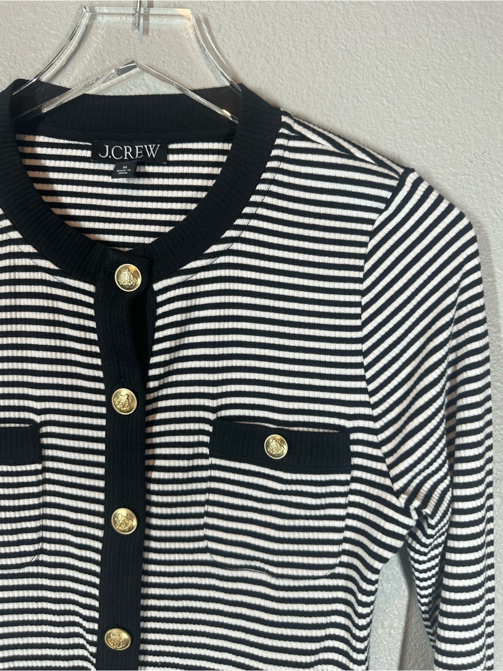 J.CREW Women's Medium Vintage Rib Lady Jacket Black & White Striped Gold Buttons - Picture 2 of 8